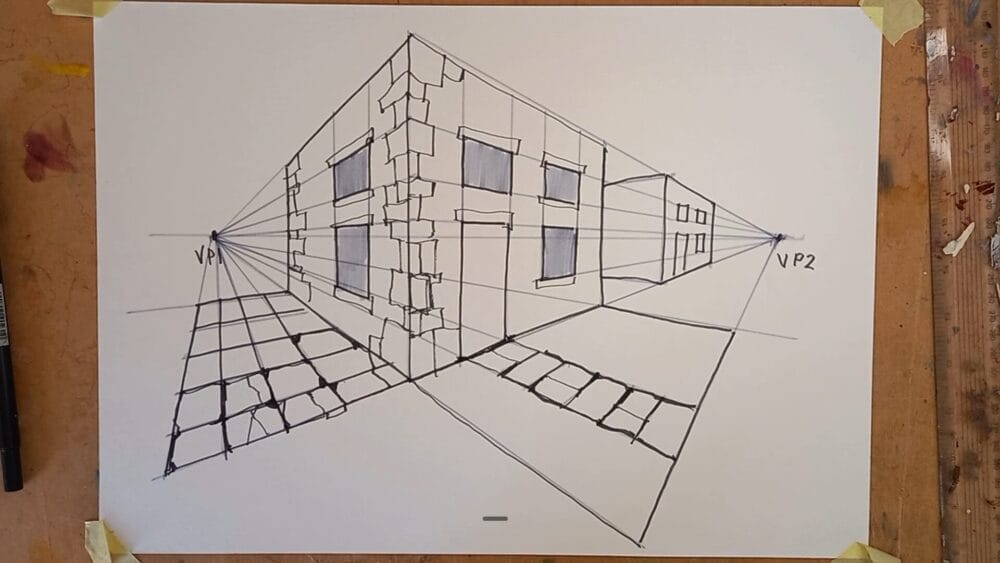 A hand-drawn two-point perspective diagram showing a building with labeled vanishing points VP1 and VP2 on the left and right, with perspective construction lines and a cobblestone ground