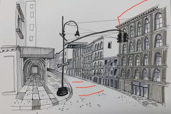 Screenshot of a pen and ink urban sketch of a large arched building or arcade with lamp posts and street scene.