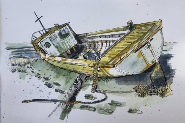 Pen and watercolor urban sketch of an old beached wooden boat at low tide with yellow hull, by student Yvonne R.